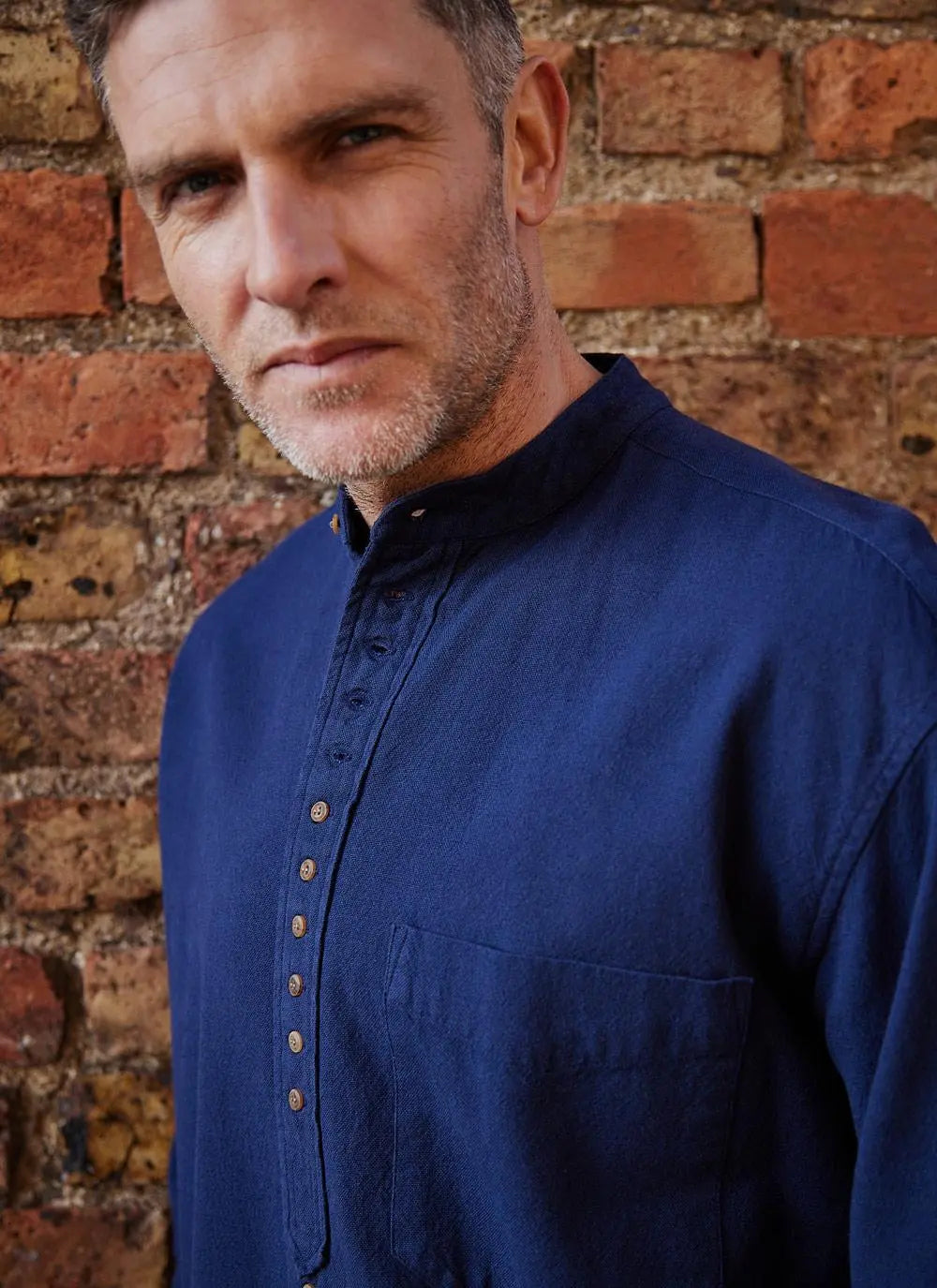 Navy Cotton Linen Mens Grandfather Shirt