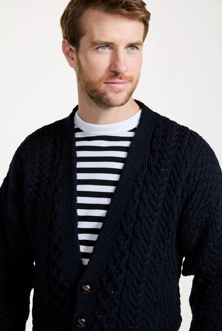 Mens Merino Aran Cardigan Navy Colour