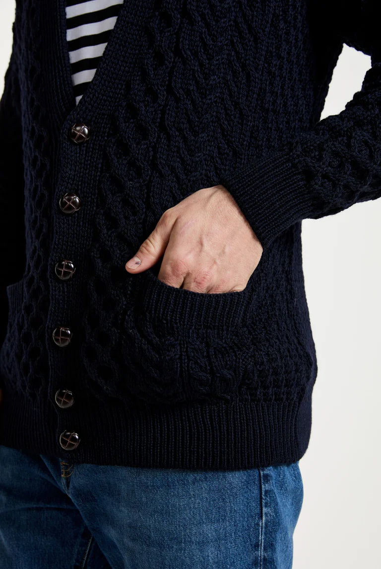 Mens Merino Aran Cardigan Navy Colour