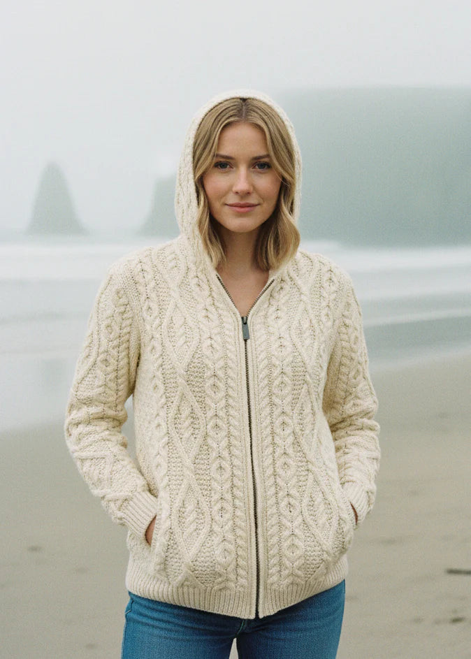 Aran Women's Hooded Woollen Zip Cardigan Natural Colour