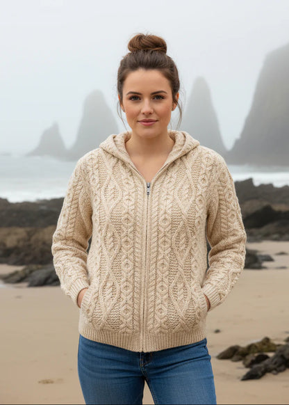 Aran Women's Hooded Woollen Zip Cardigan Oatmeal Colour
