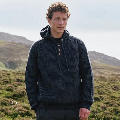 Men’s Navy Blue Wool Blend Ribbed Hooded Sweater