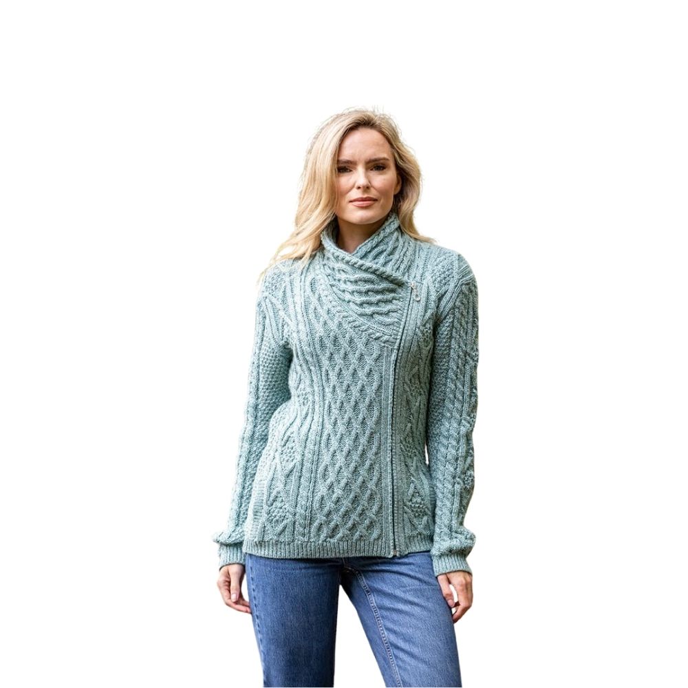 Aran Cable Knit Woollen Side Sweater for Women with Claddagh Zip Green Colour
