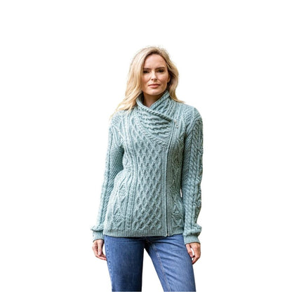 Aran Cable Knit Woollen Side Sweater for Women with Claddagh Zip Green Colour