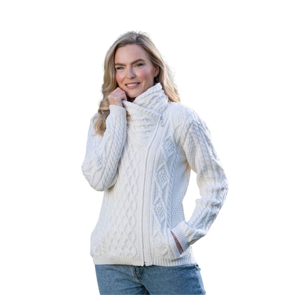 Aran Cable Knit Woollen Side Sweater for Women with Claddagh Zip Natural Colour