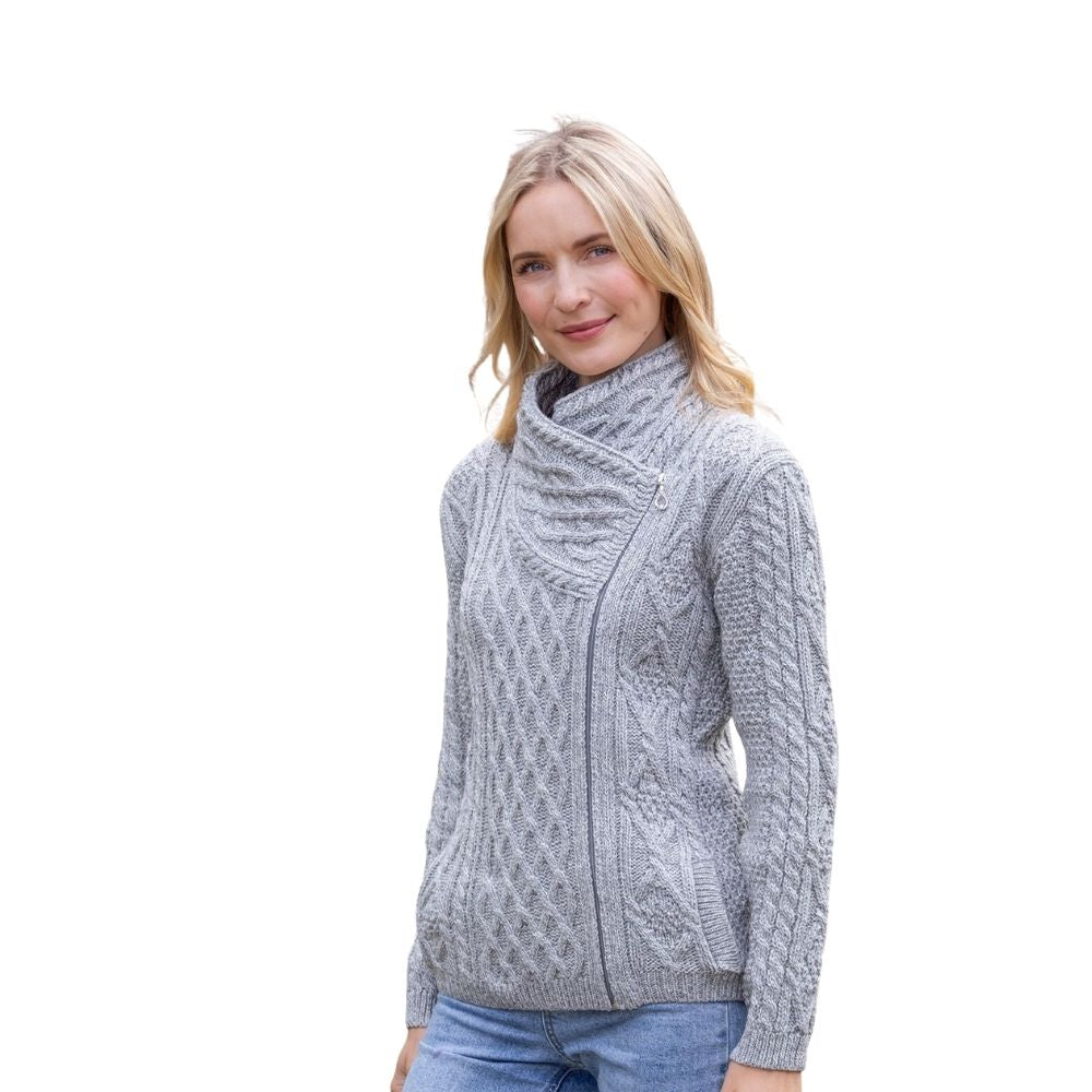 Aran Cable Knit Woollen Side Sweater for Women with Claddagh Zip Silver Grey Colour