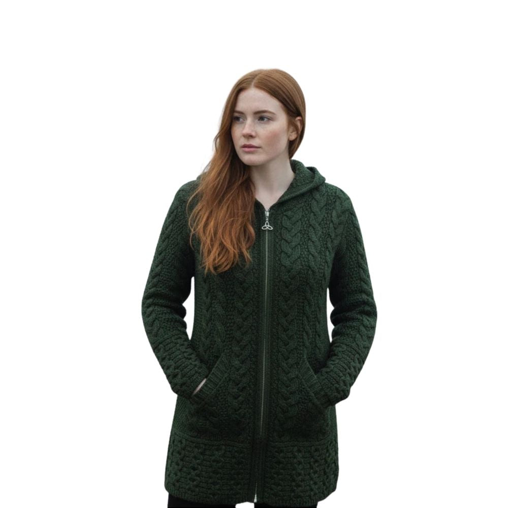 Aran Woman's Hooded Celtic Knot Zipper Cardigan Green