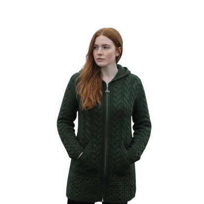 Aran Woman's Hooded Celtic Knot Zipper Cardigan Green