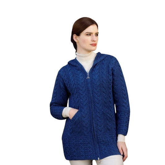 Aran Woman's Hooded Celtic Knot Zipper Cardigan Navy Blue