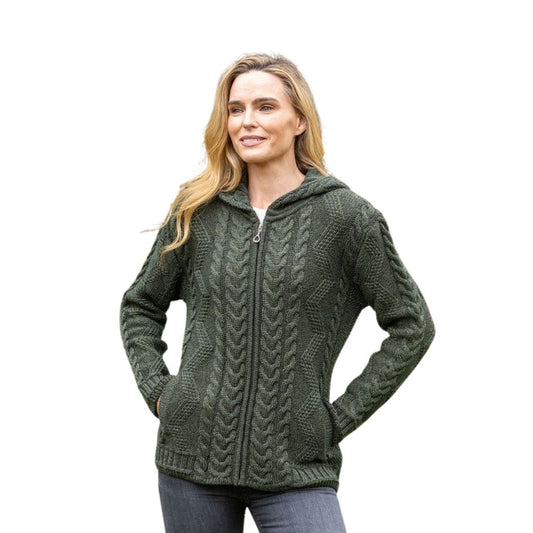 Aran Women's Hooded Woollen Claddagh Zip Cardigan Green