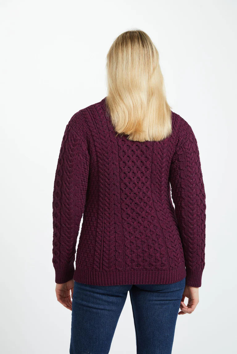 Inishmore Ladies Slim Fit Merino Aran Sweater Berry Colour