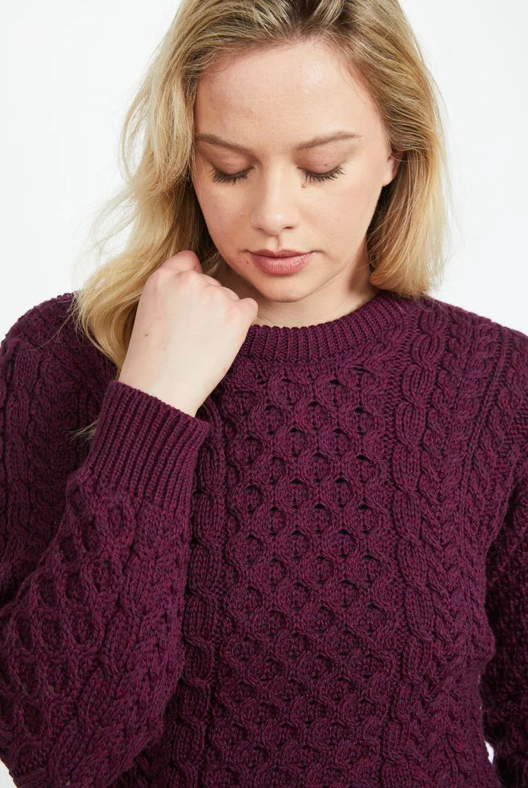 Inishmore Ladies Slim Fit Merino Aran Sweater Berry Colour