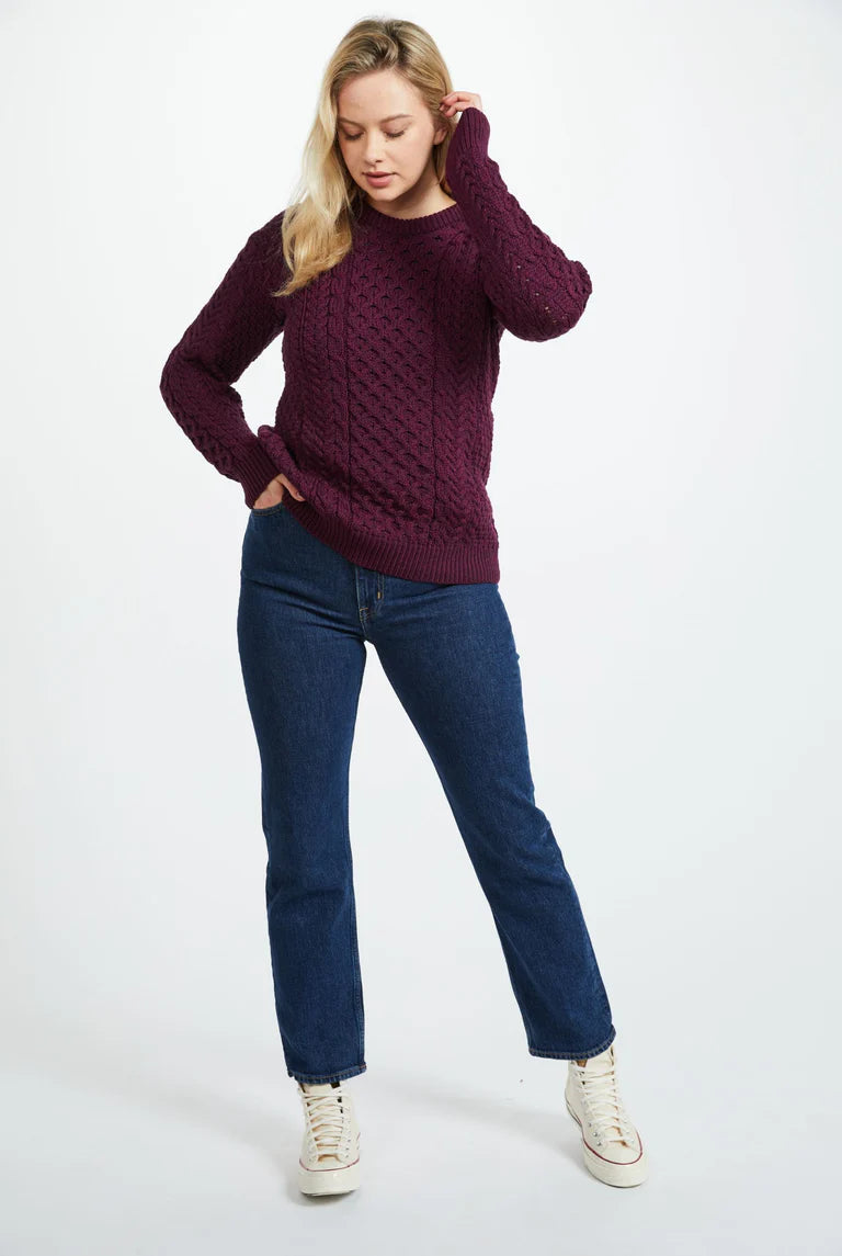 Inishmore Ladies Slim Fit Merino Aran Sweater Berry Colour