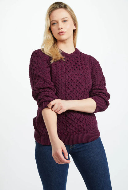 Inishmore Ladies Slim Fit Merino Aran Sweater Berry Colour