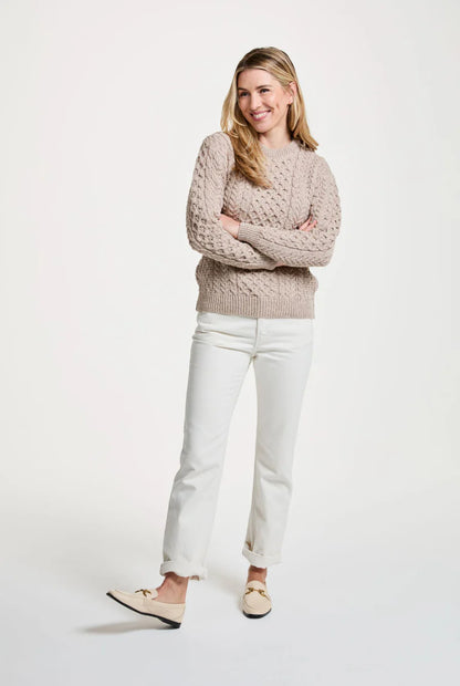 Inishmore Ladies Slim Fit Merino Aran Sweater Oat Colour