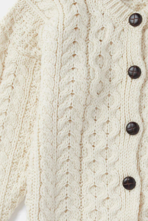 Fianna Woollen Mills Kids Aran Cardigan Natural with Brown Buttons