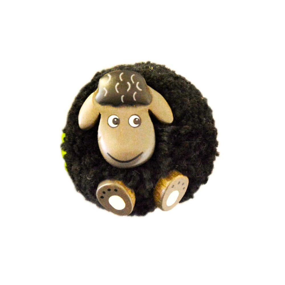 Fluffy Wool Sheep Fridge Magnet Black with wood face and feet