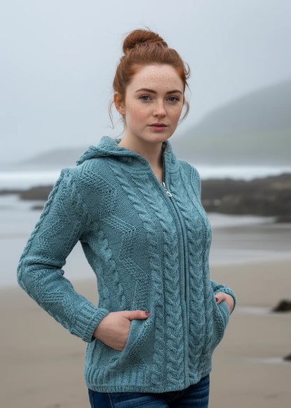 Aran Women's Hooded Woollen Claddagh Zip Cardigan Aqua
