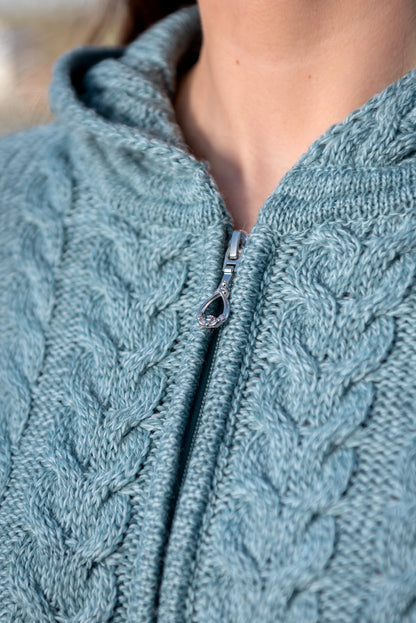 Aran Women's Hooded Woollen Claddagh Zip Cardigan Aqua