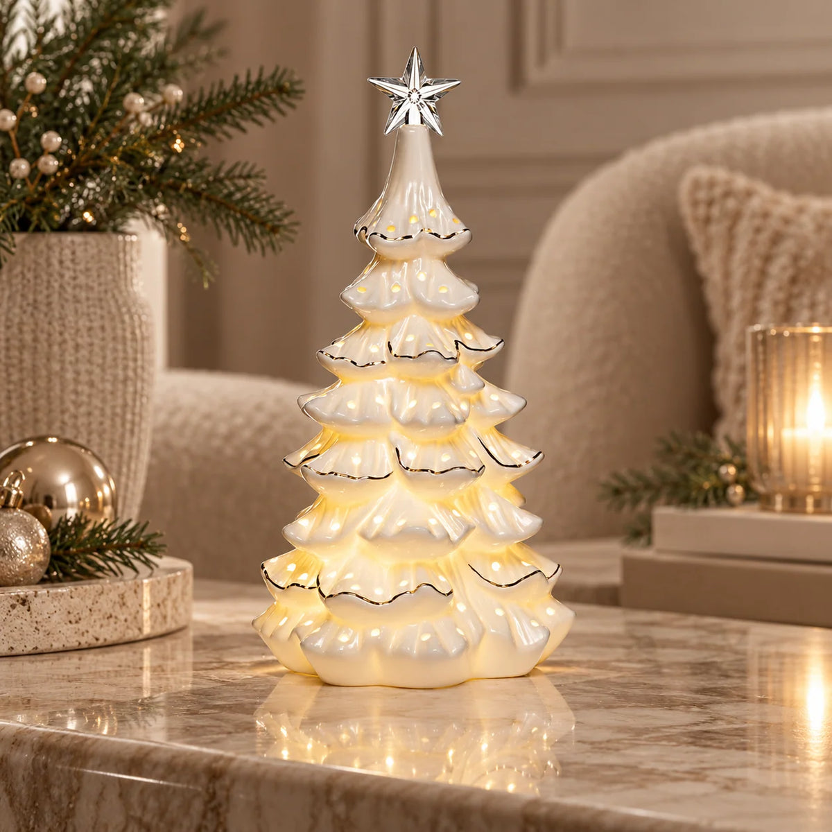 Newgrange Living White Ceramic Christmas Tree Scene Ornament with Gift Box