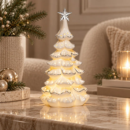 Newgrange Living White Ceramic Christmas Tree Scene Ornament with Gift Box
