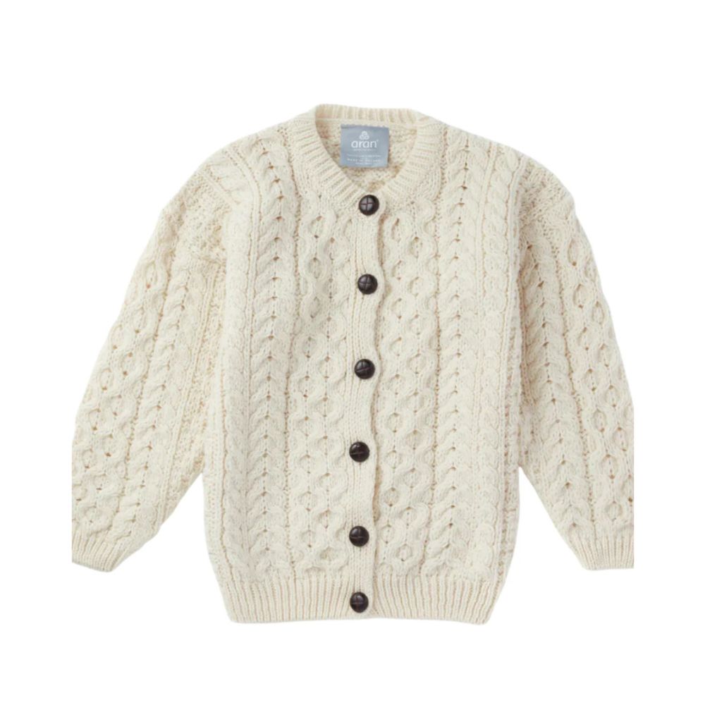 Fianna Woollen Mills Kids Aran Cardigan Natural with Brown Buttons