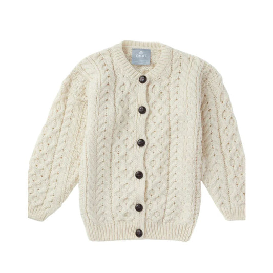 Fianna Woollen Mills Kids Aran Cardigan Natural with Brown Buttons