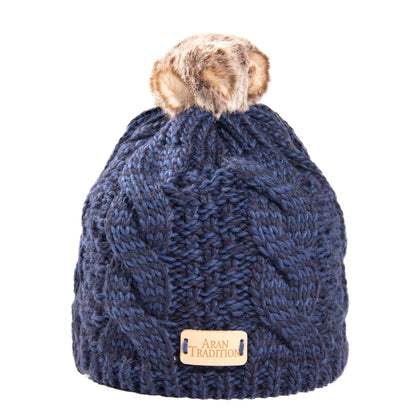 Aran Traditions Aran Blue Cable Tammy Hat with Soft Faux Fur Pom
