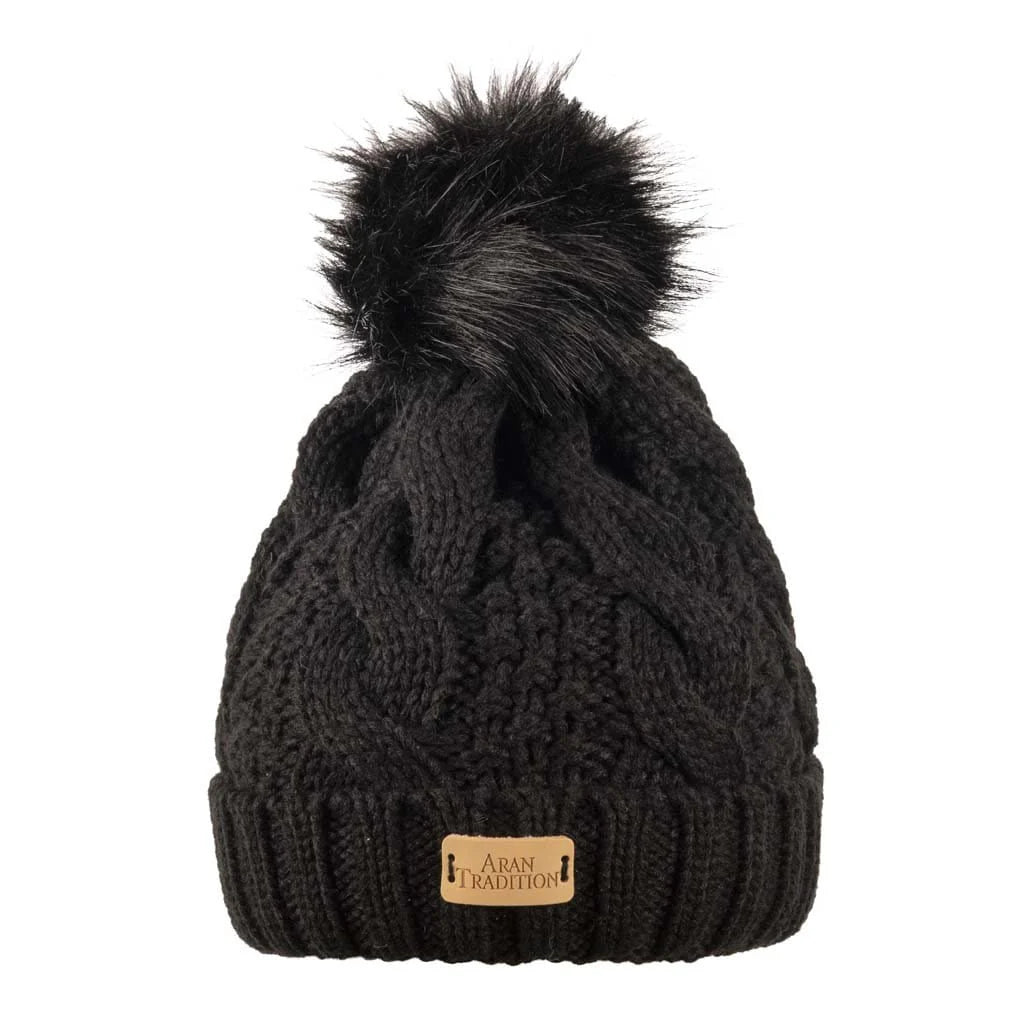 Aran Traditions Aran Black Cable Tammy Hat with Soft Faux Fur Pom