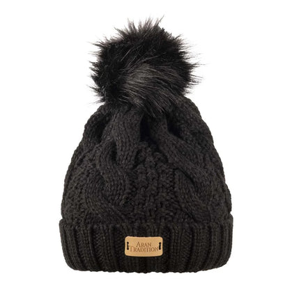 Aran Traditions Aran Black Cable Tammy Hat with Soft Faux Fur Pom