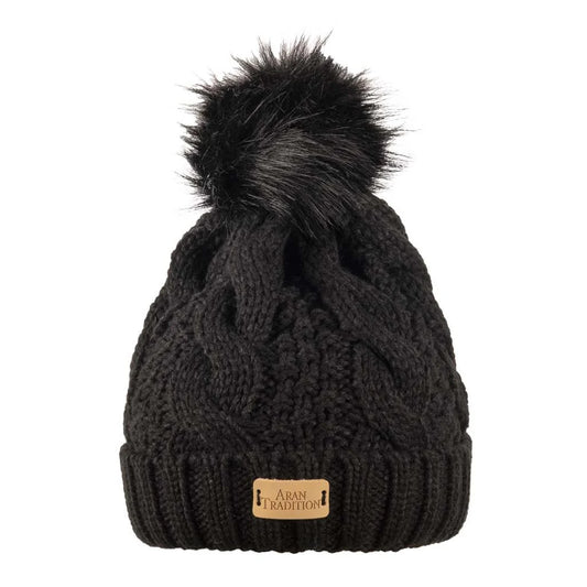 Aran Traditions Aran Black Cable Tammy Hat with Soft Faux Fur Pom