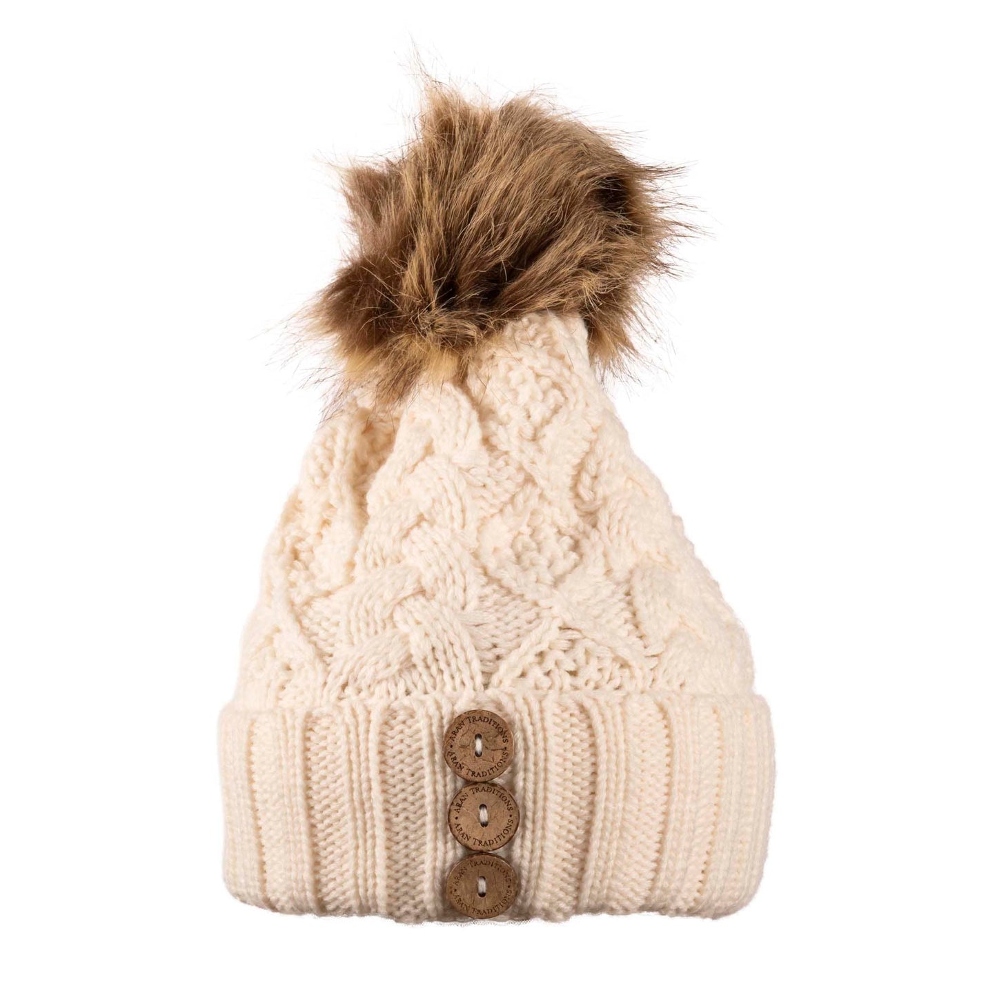 Aran Traditions Beanie with Faux Fur Bobble Hat and 3 Buttons Cream Colour