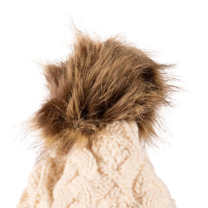 Aran Traditions Beanie with Faux Fur Bobble Hat and 3 Buttons Cream Colour