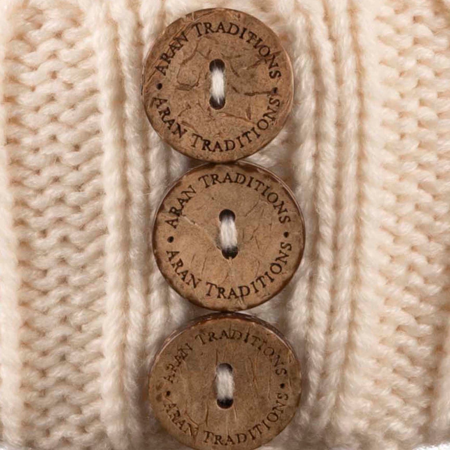 Aran Traditions Beanie with Faux Fur Bobble Hat and 3 Buttons Cream Colour