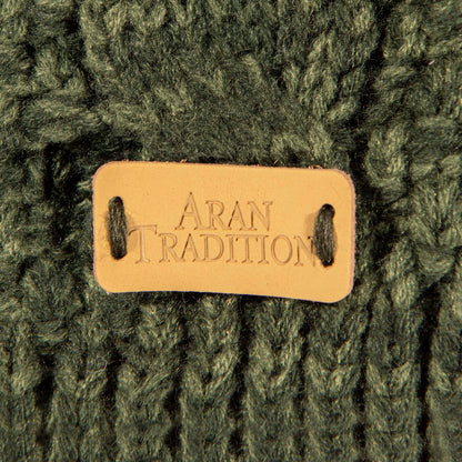 Aran Traditions Aran Green Cable Tammy Hat with Soft Faux Fur Pom