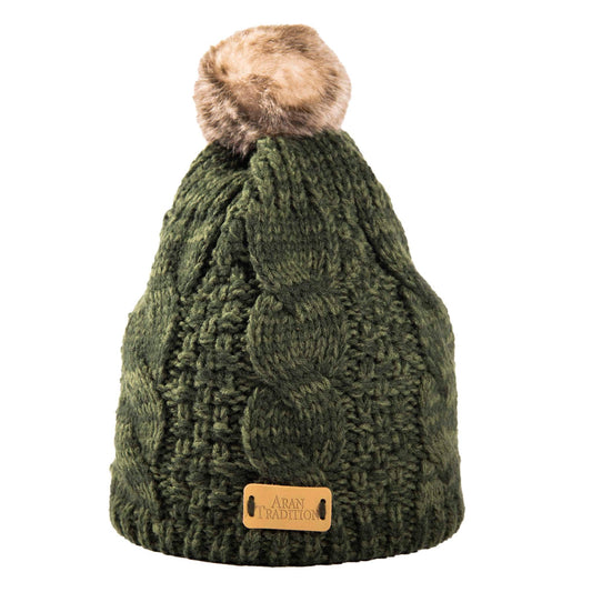 Aran Traditions Aran Green Cable Tammy Hat with Soft Faux Fur Pom