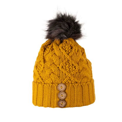 Aran Traditions Beanie with Faux Fur Bobble Hat and 3 Buttons Amber Colour