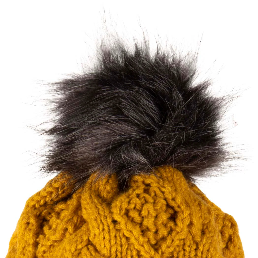Aran Traditions Beanie with Faux Fur Bobble Hat and 3 Buttons Amber Colour