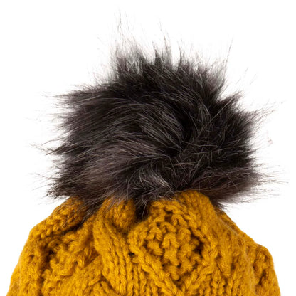 Aran Traditions Beanie with Faux Fur Bobble Hat and 3 Buttons Amber Colour