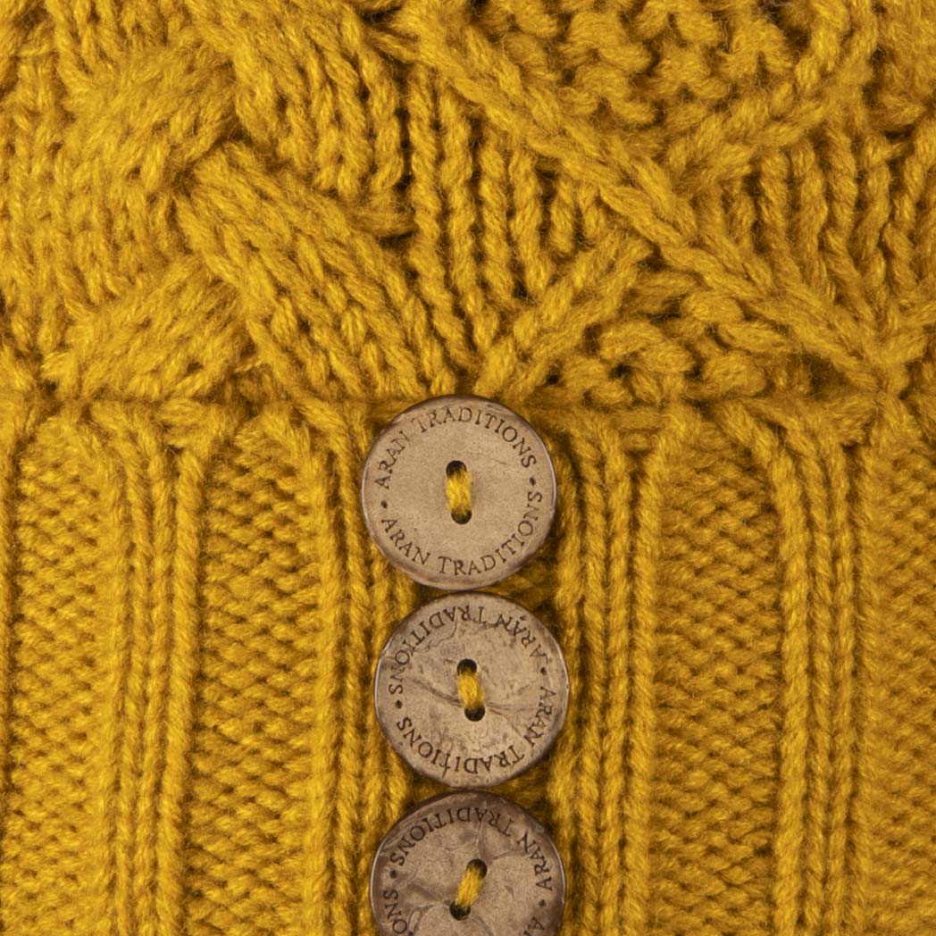 Aran Traditions Beanie with Faux Fur Bobble Hat and 3 Buttons Amber Colour