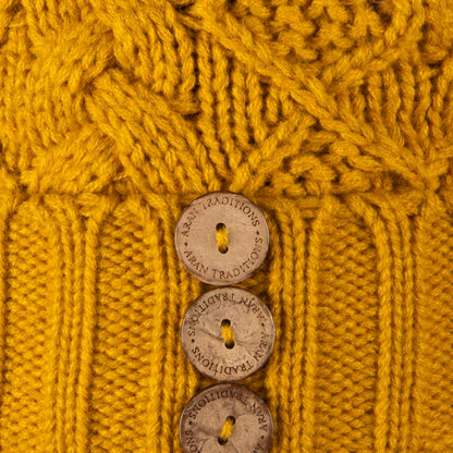 Aran Traditions Beanie with Faux Fur Bobble Hat and 3 Buttons Amber Colour