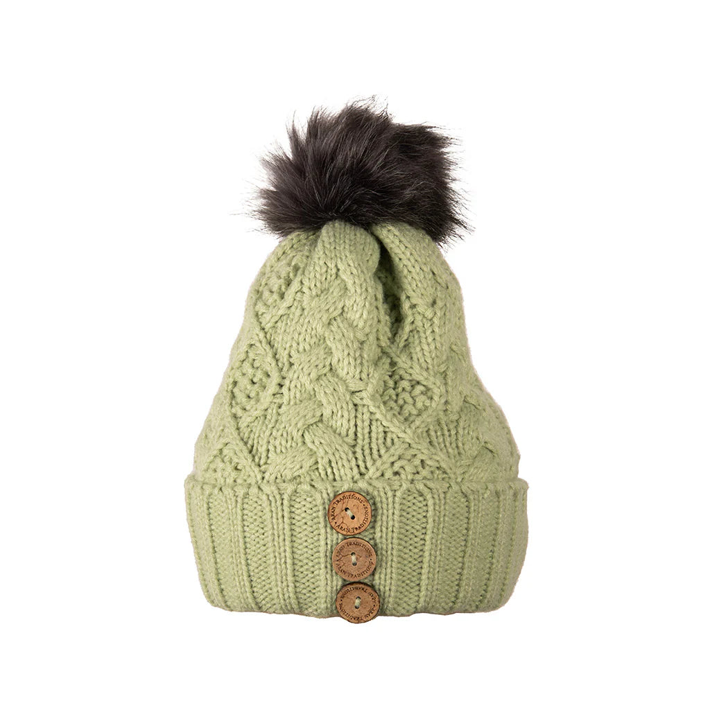 Aran Traditions Beanie with Faux Fur Bobble Hat and 3 Buttons Green Colour
