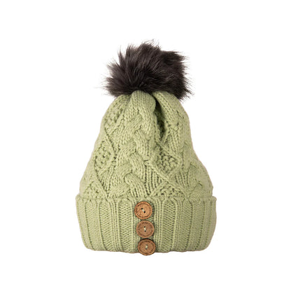 Aran Traditions Beanie with Faux Fur Bobble Hat and 3 Buttons Green Colour
