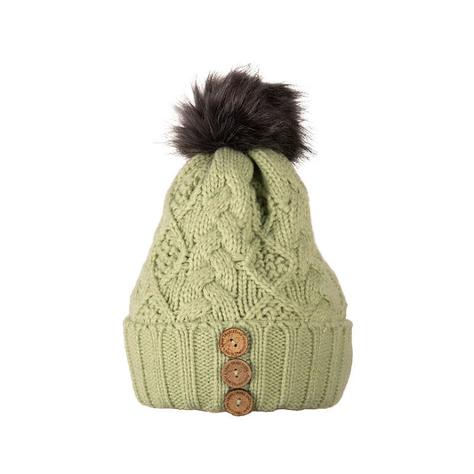 Aran Traditions Beanie with Faux Fur Bobble Hat and 3 Buttons Green Colour