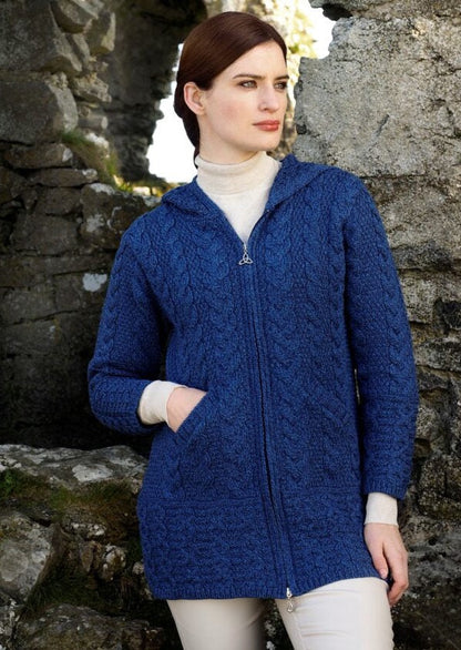 Aran Woman's Hooded Celtic Knot Zipper Cardigan Navy Blue
