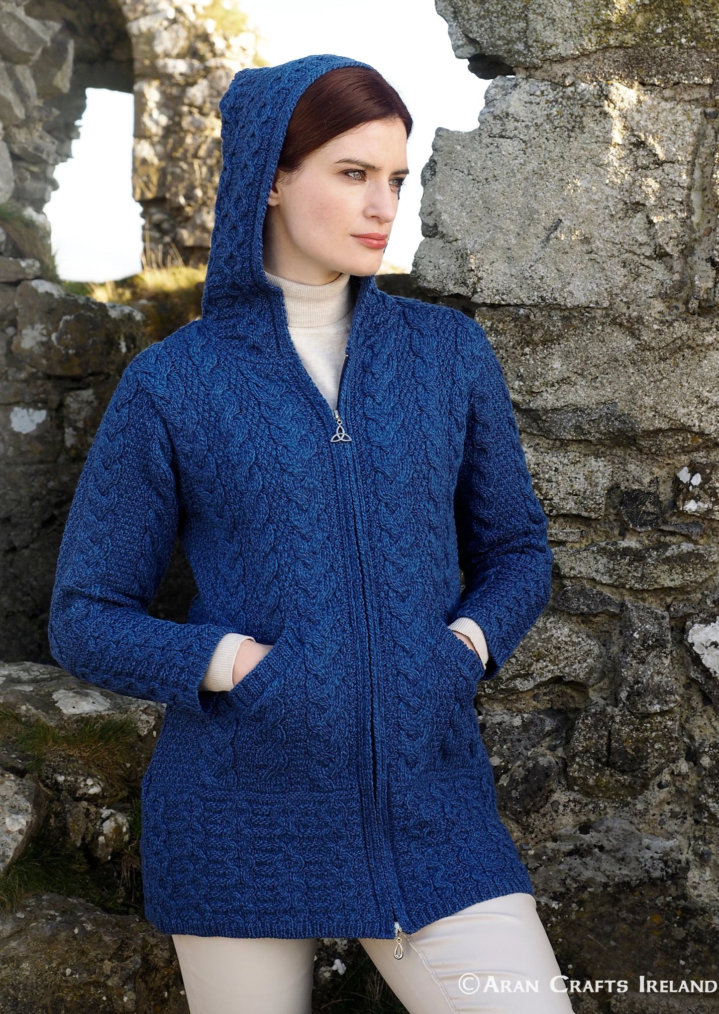 Aran Woman's Hooded Celtic Knot Zipper Cardigan Navy Blue