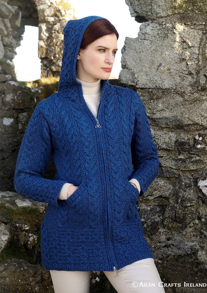 Aran Woman's Hooded Celtic Knot Zipper Cardigan Navy Blue