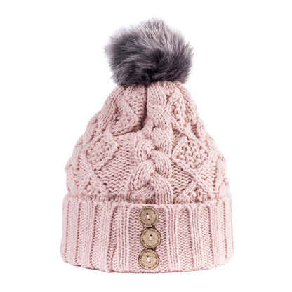Aran Traditions Beanie with Faux Fur Bobble Hat and 3 Buttons Pink Colour