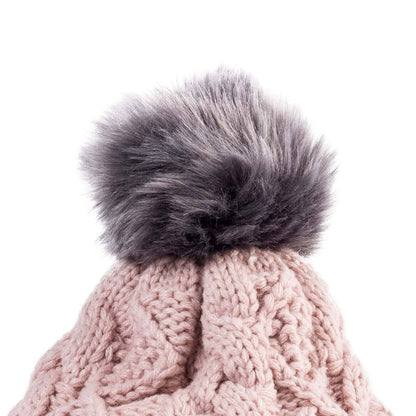 Aran Traditions Beanie with Faux Fur Bobble Hat and 3 Buttons Pink Colour