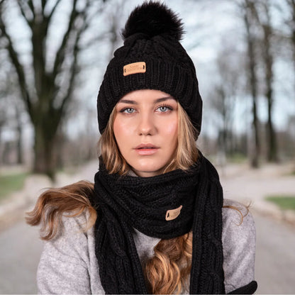 Aran Traditions Aran Black Cable Tammy Hat with Soft Faux Fur Pom